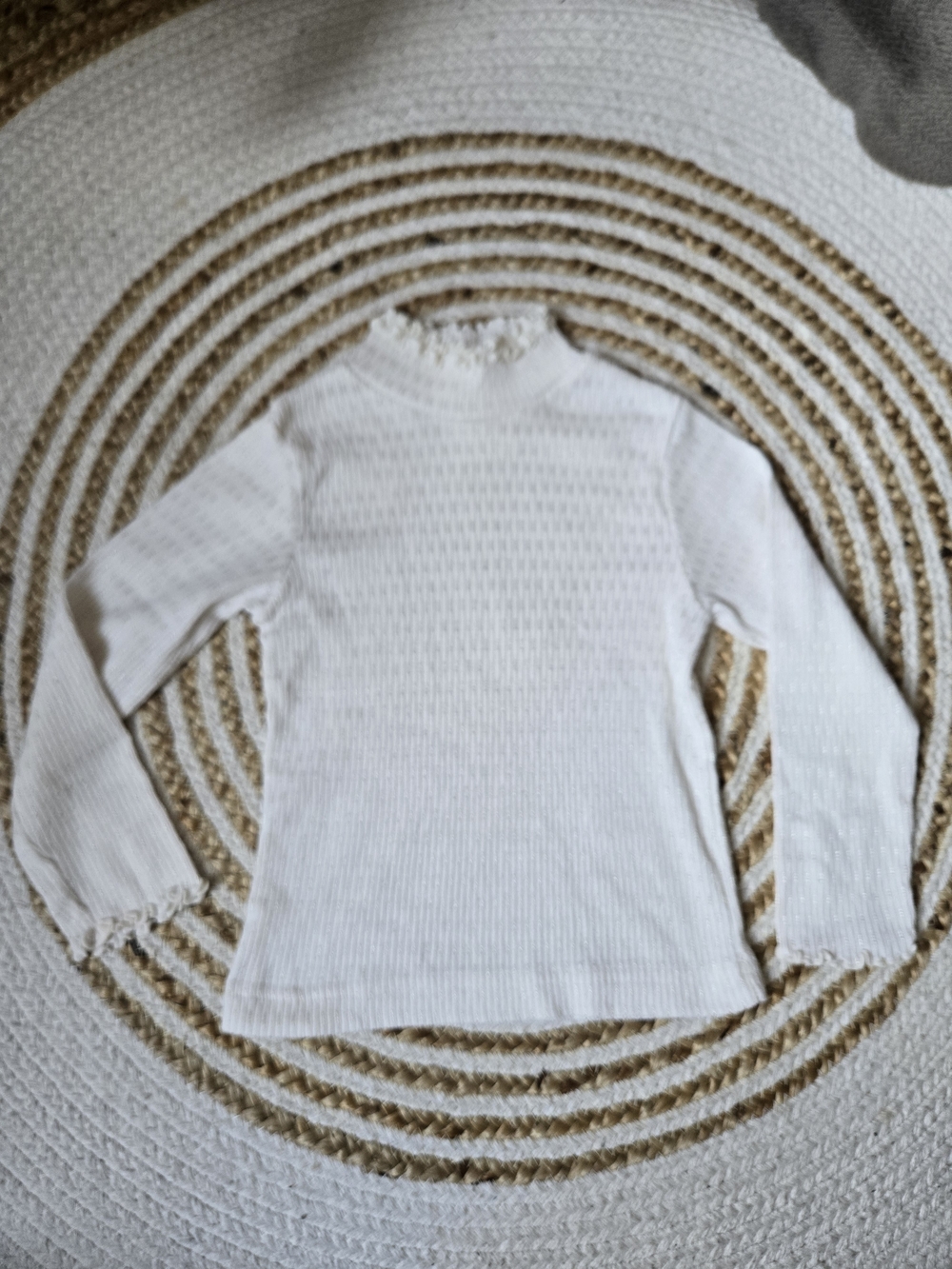 Vintage Sears Kids Girls' White Ribbed Long-Sleeve Top with Ruffle Trim